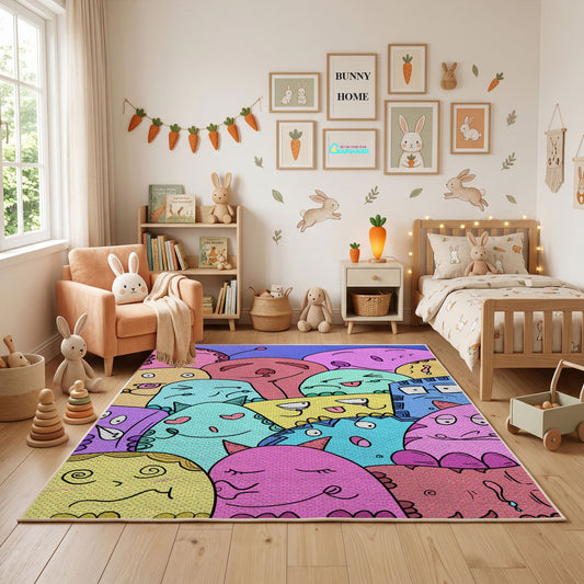 Pastel Cat Collage Area Rug, Colorful Feline Pattern Carpet, Kids Decor – full rug view