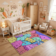 Pastel Cat Collage Area Rug, Colorful Feline Pattern Carpet, Kids Decor – angled room view