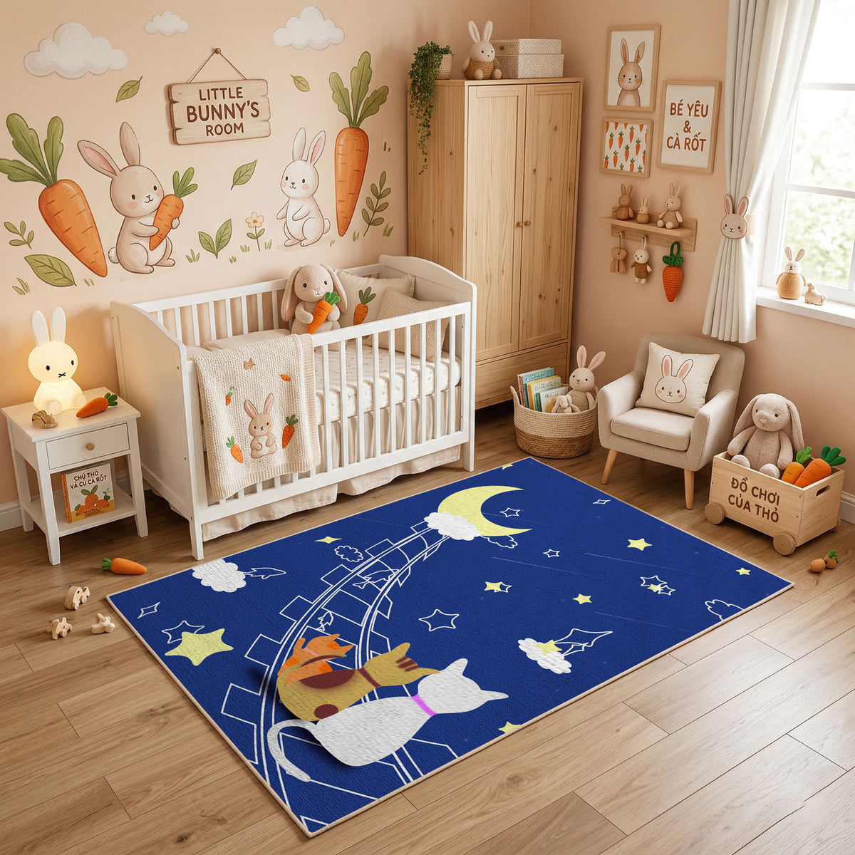 Moon Bunny Night Area Rug, Blue Celestial Rabbit Carpet, Nursery Decor – featured room view