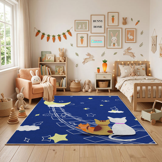 Moon Bunny Night Area Rug, Blue Celestial Rabbit Carpet, Nursery Decor – full rug view