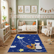 Moon Bunny Night Area Rug, Blue Celestial Rabbit Carpet, Nursery Decor – angled room view