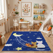 Moon Bunny Night Area Rug, Blue Celestial Rabbit Carpet, Nursery Decor – bedroom styling