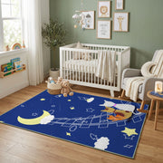 Moon Bunny Night Area Rug, Blue Celestial Rabbit Carpet, Nursery Decor – design close-up
