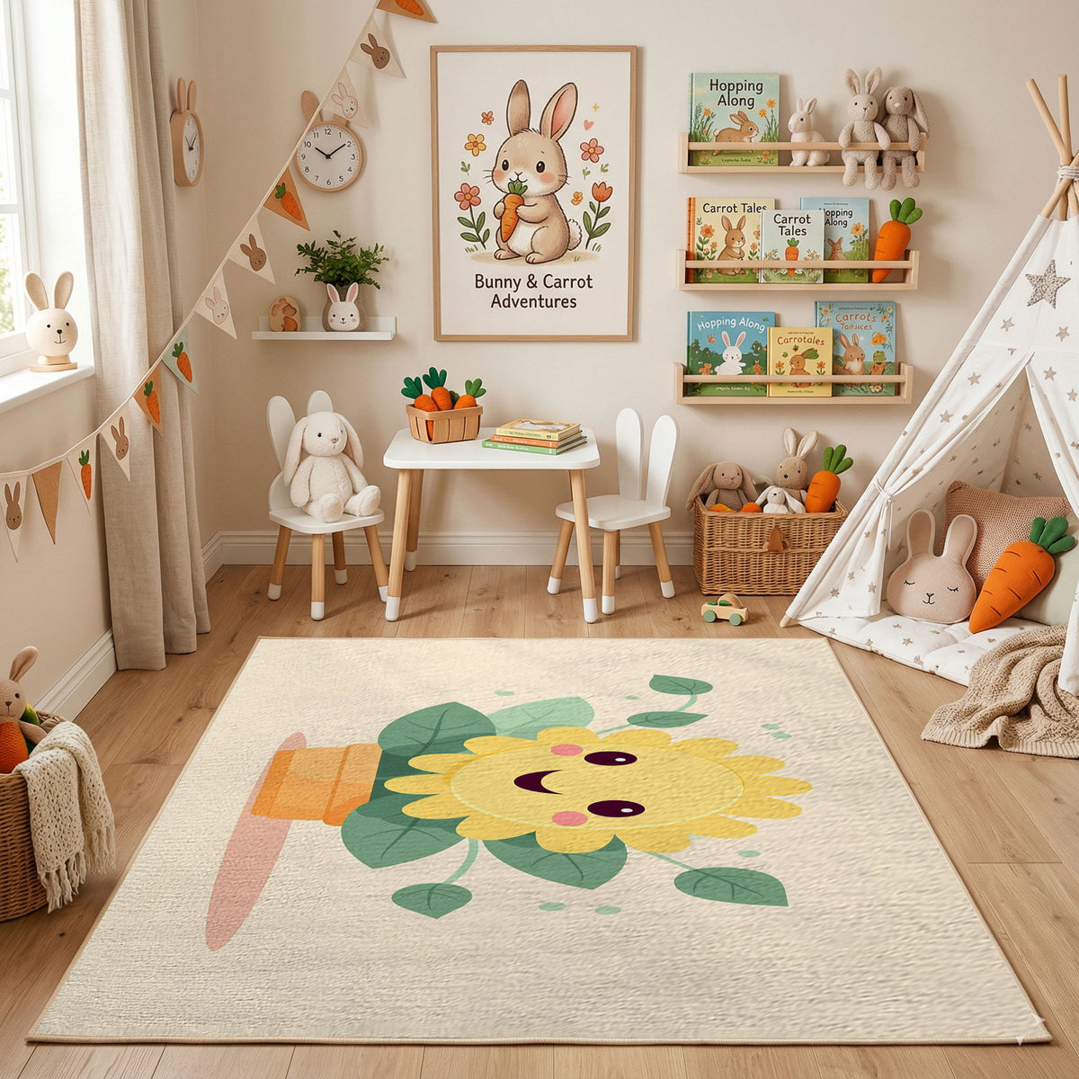 Smiling Flower Area Rug, Minimal Botanical Carpet, Cheerful Kids Decor – featured room view