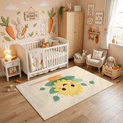 Smiling Flower Area Rug, Minimal Botanical Carpet, Cheerful Kids Decor – angled room view