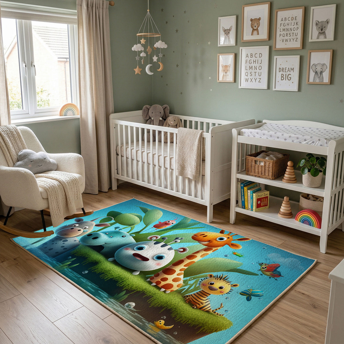 Woodland Animal Adventure Area Rug, Green Forest Carpet, Kids Room Decor – featured room view