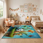 Woodland Animal Adventure Area Rug, Green Forest Carpet, Kids Room Decor – full rug view