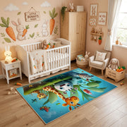 Woodland Animal Adventure Area Rug, Green Forest Carpet, Kids Room Decor – angled room view
