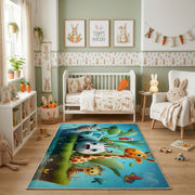 Woodland Animal Adventure Area Rug, Green Forest Carpet, Kids Room Decor – pattern detail