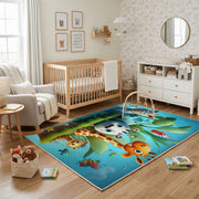 Woodland Animal Adventure Area Rug, Green Forest Carpet, Kids Room Decor – living room view