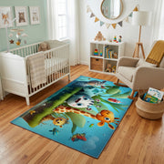 Woodland Animal Adventure Area Rug, Green Forest Carpet, Kids Room Decor – design close-up
