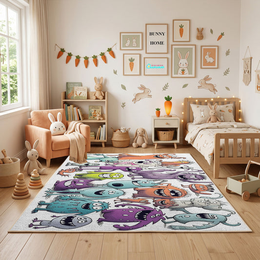 Colorful Cat Crowd Area Rug, Pastel Feline Collage Carpet, Kids Decor – full rug view