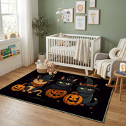 Halloween Cat Pumpkin Area Rug, Black Orange Feline Carpet, Spooky Decor – featured room view