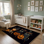 Halloween Cat Pumpkin Area Rug, Black Orange Feline Carpet, Spooky Decor – alternate room view