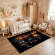 Halloween Cat Pumpkin Area Rug, Black Orange Feline Carpet, Spooky Decor – angled room view