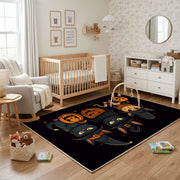 Halloween Cat Pumpkin Area Rug, Black Orange Feline Carpet, Spooky Decor – living room view