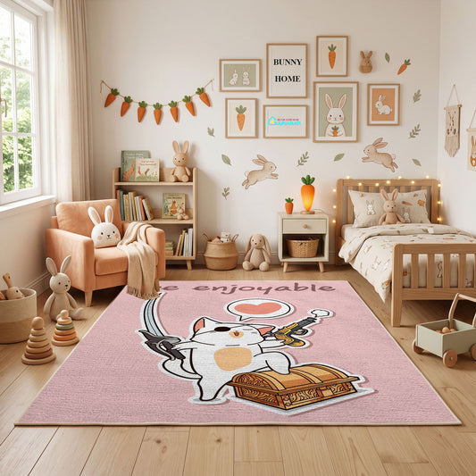 Musical Bunny Area Rug, Pink Rabbit Carpet, Cute Kids Room Decor – full rug view