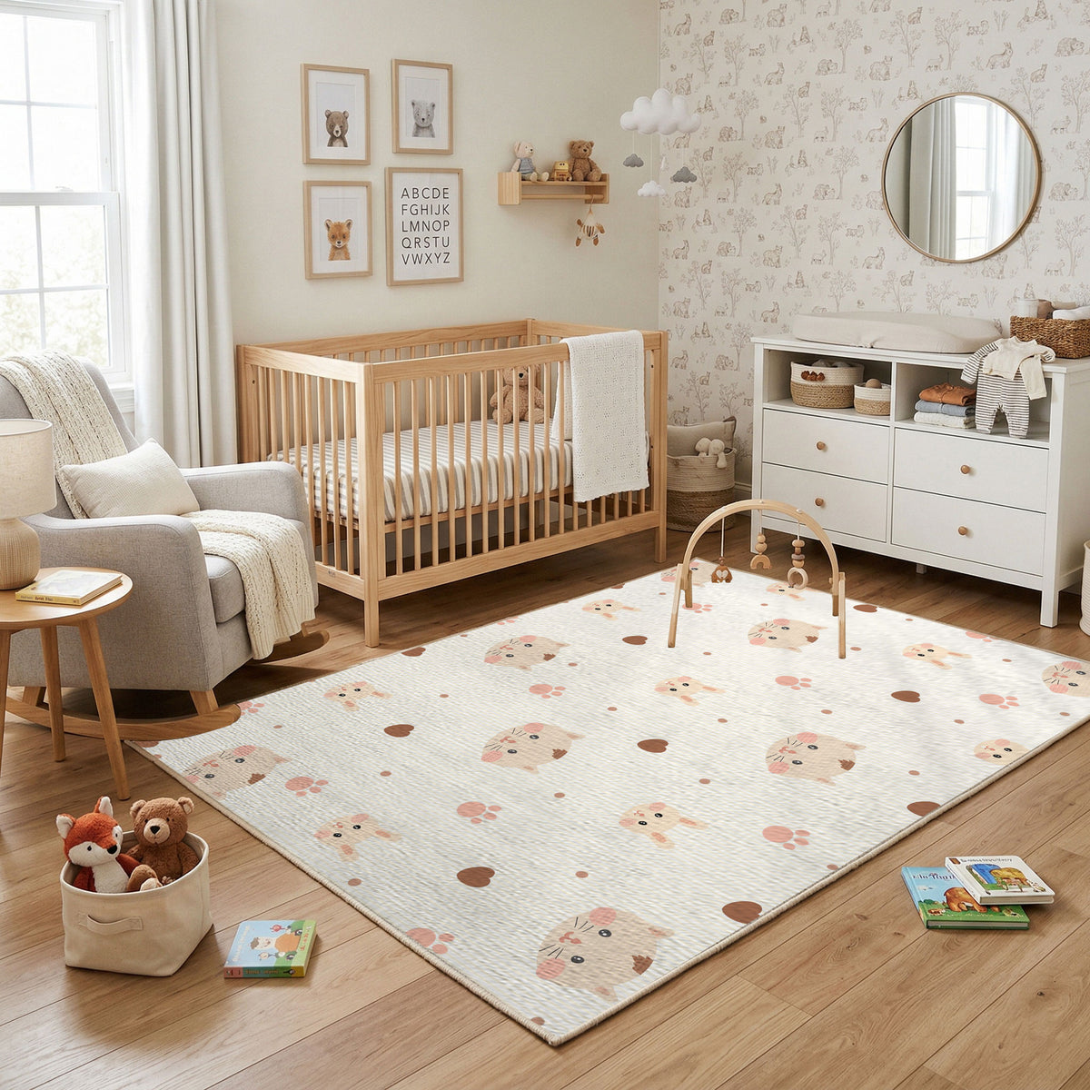 Pastel Paw Print Area Rug, Minimal Pet Pattern Carpet, Nursery Decor – featured room view