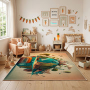 Tropical Parrot Area Rug, Green Botanical Bird Carpet, Nature Decor – full rug view