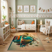Tropical Parrot Area Rug, Green Botanical Bird Carpet, Nature Decor – pattern detail