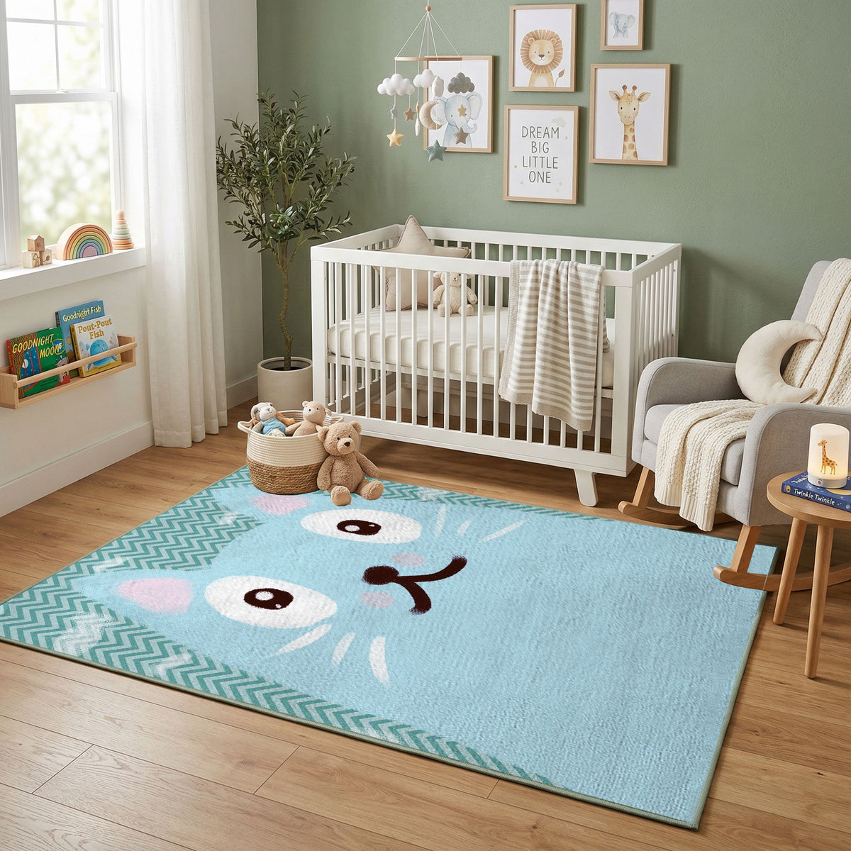 Minimal White Cat Face Area Rug, Light Blue Feline Carpet, Kids Decor – featured room view