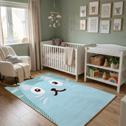 Minimal White Cat Face Area Rug, Light Blue Feline Carpet, Kids Decor – alternate room view