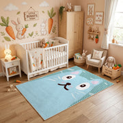 Minimal White Cat Face Area Rug, Light Blue Feline Carpet, Kids Decor – angled room view
