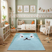 Minimal White Cat Face Area Rug, Light Blue Feline Carpet, Kids Decor – pattern detail
