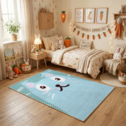 Minimal White Cat Face Area Rug, Light Blue Feline Carpet, Kids Decor – texture view
