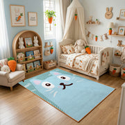Minimal White Cat Face Area Rug, Light Blue Feline Carpet, Kids Decor – bedroom styling