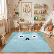 Minimal White Cat Face Area Rug, Light Blue Feline Carpet, Kids Decor – playroom styling