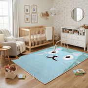 Minimal White Cat Face Area Rug, Light Blue Feline Carpet, Kids Decor – living room view