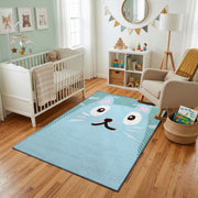 Minimal White Cat Face Area Rug, Light Blue Feline Carpet, Kids Decor – design close-up