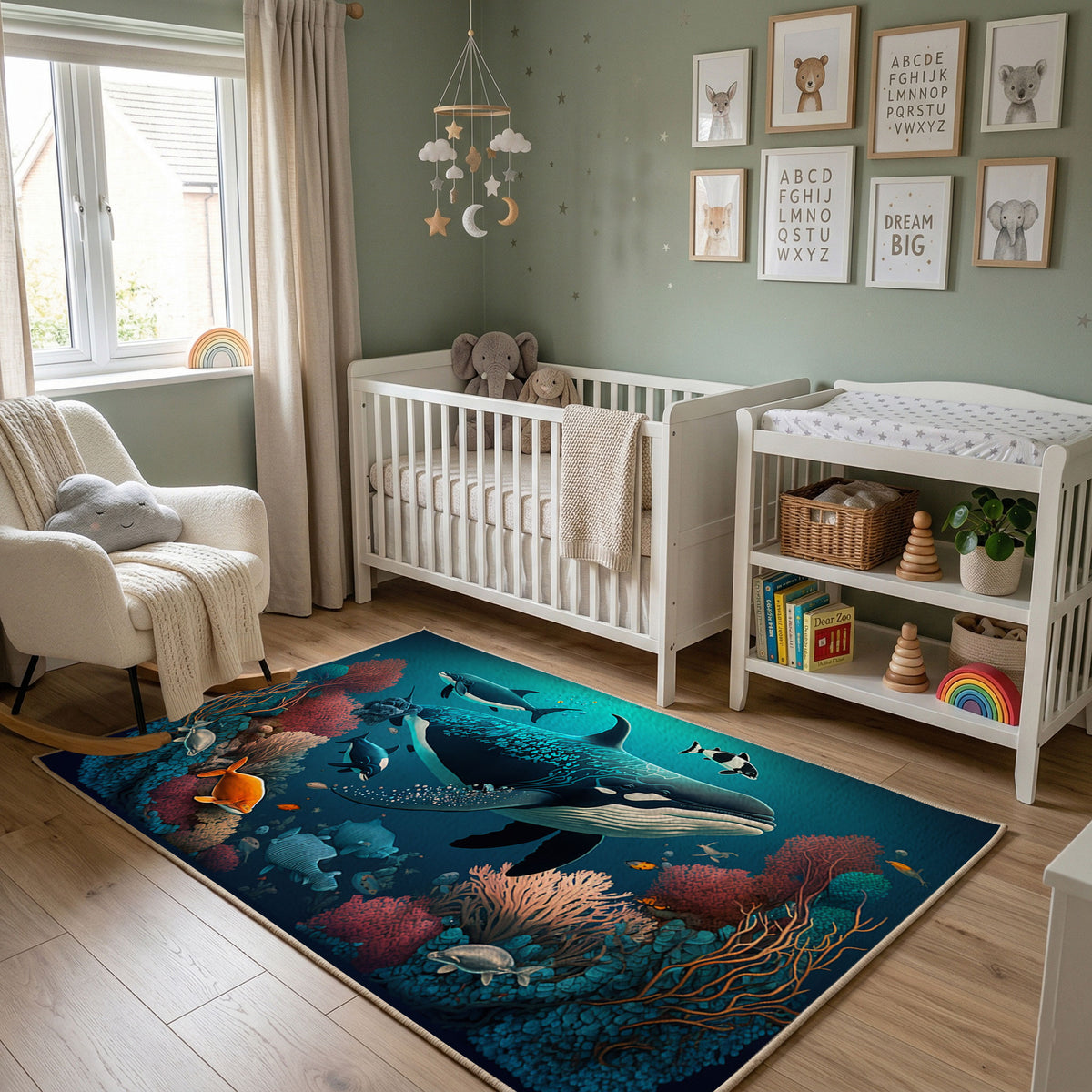 Enchanted Forest Wolf Area Rug, Teal Wildlife Carpet, Fantasy Room Decor – featured room view