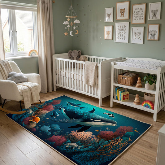 Enchanted Forest Wolf Area Rug, Teal Wildlife Carpet, Fantasy Room Decor – featured room view