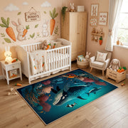 Enchanted Forest Wolf Area Rug, Teal Wildlife Carpet, Fantasy Room Decor – angled room view