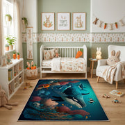 Enchanted Forest Wolf Area Rug, Teal Wildlife Carpet, Fantasy Room Decor – pattern detail