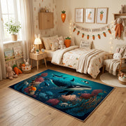Enchanted Forest Wolf Area Rug, Teal Wildlife Carpet, Fantasy Room Decor – texture view