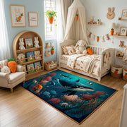 Enchanted Forest Wolf Area Rug, Teal Wildlife Carpet, Fantasy Room Decor – bedroom styling