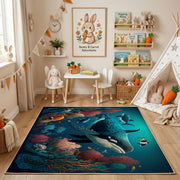 Enchanted Forest Wolf Area Rug, Teal Wildlife Carpet, Fantasy Room Decor – playroom styling
