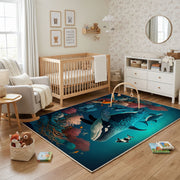 Enchanted Forest Wolf Area Rug, Teal Wildlife Carpet, Fantasy Room Decor – living room view