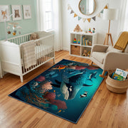 Enchanted Forest Wolf Area Rug, Teal Wildlife Carpet, Fantasy Room Decor – design close-up