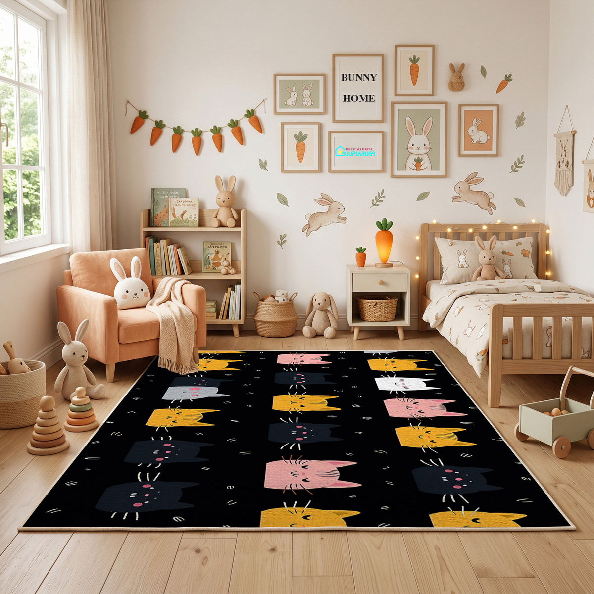 Halloween Cat Pattern Area Rug, Black Orange Feline Carpet, Spooky Decor – featured room view
