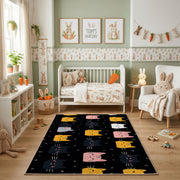 Halloween Cat Pattern Area Rug, Black Orange Feline Carpet, Spooky Decor – angled room view