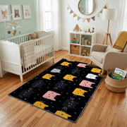 Halloween Cat Pattern Area Rug, Black Orange Feline Carpet, Spooky Decor – living room view