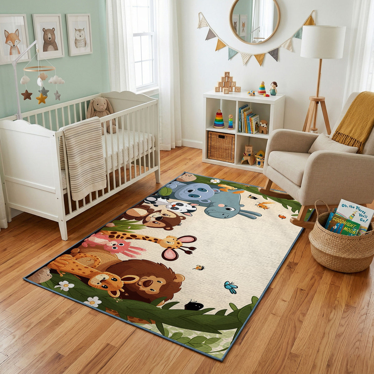 Woodland Animal Family Area Rug, Green Storybook Carpet, Kids Room Decor – featured room view