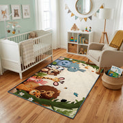 Woodland Animal Family Area Rug, Green Storybook Carpet, Kids Room Decor – featured room view