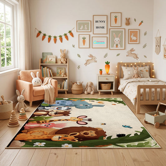 Woodland Animal Family Area Rug, Green Storybook Carpet, Kids Room Decor – full rug view
