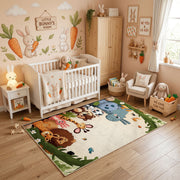 Woodland Animal Family Area Rug, Green Storybook Carpet, Kids Room Decor – angled room view