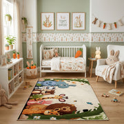 Woodland Animal Family Area Rug, Green Storybook Carpet, Kids Room Decor – pattern detail